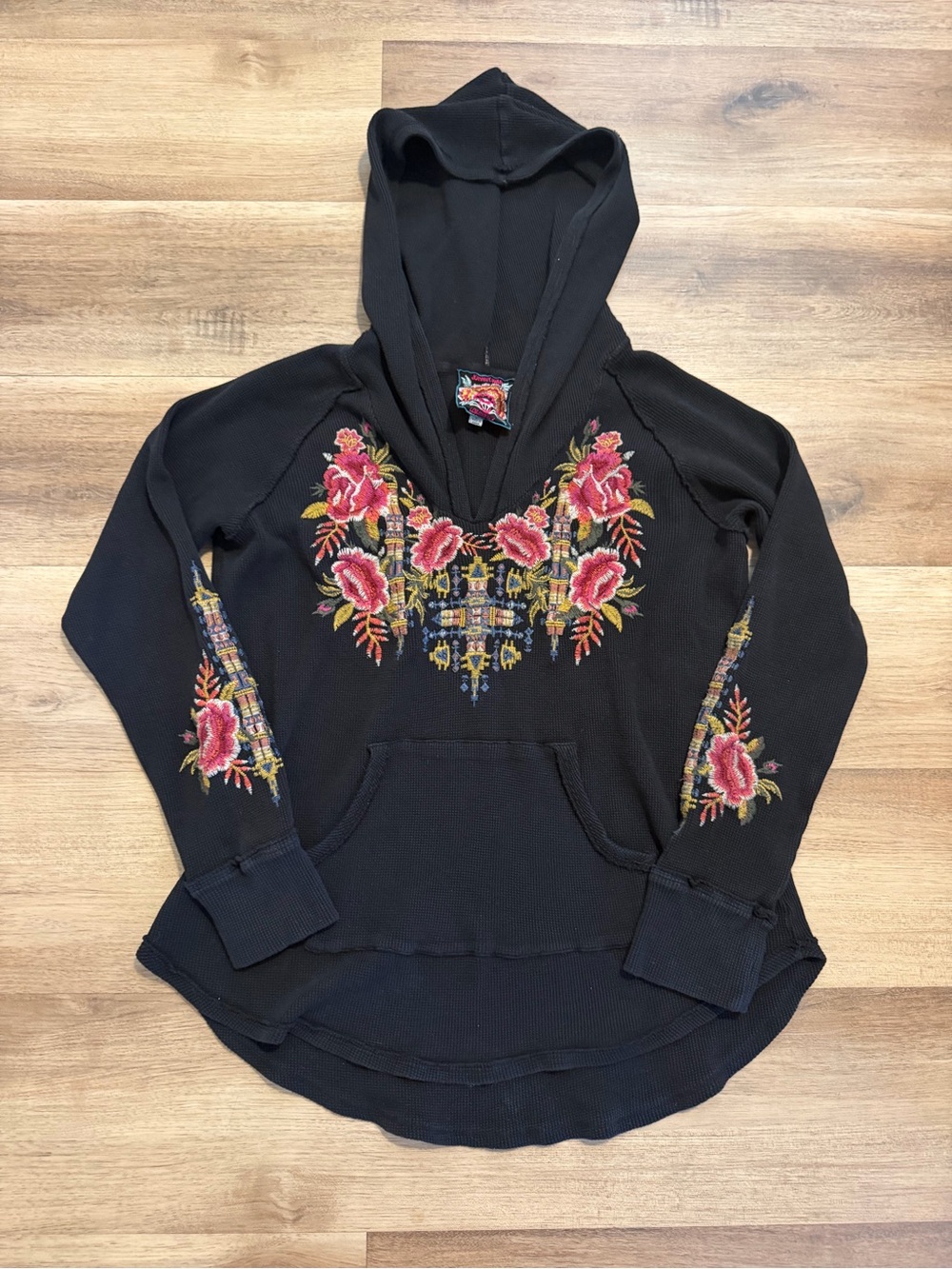 Johnny Was EleniEmbroidered Waffle Knit Thermal Hoodie Black Petite Large